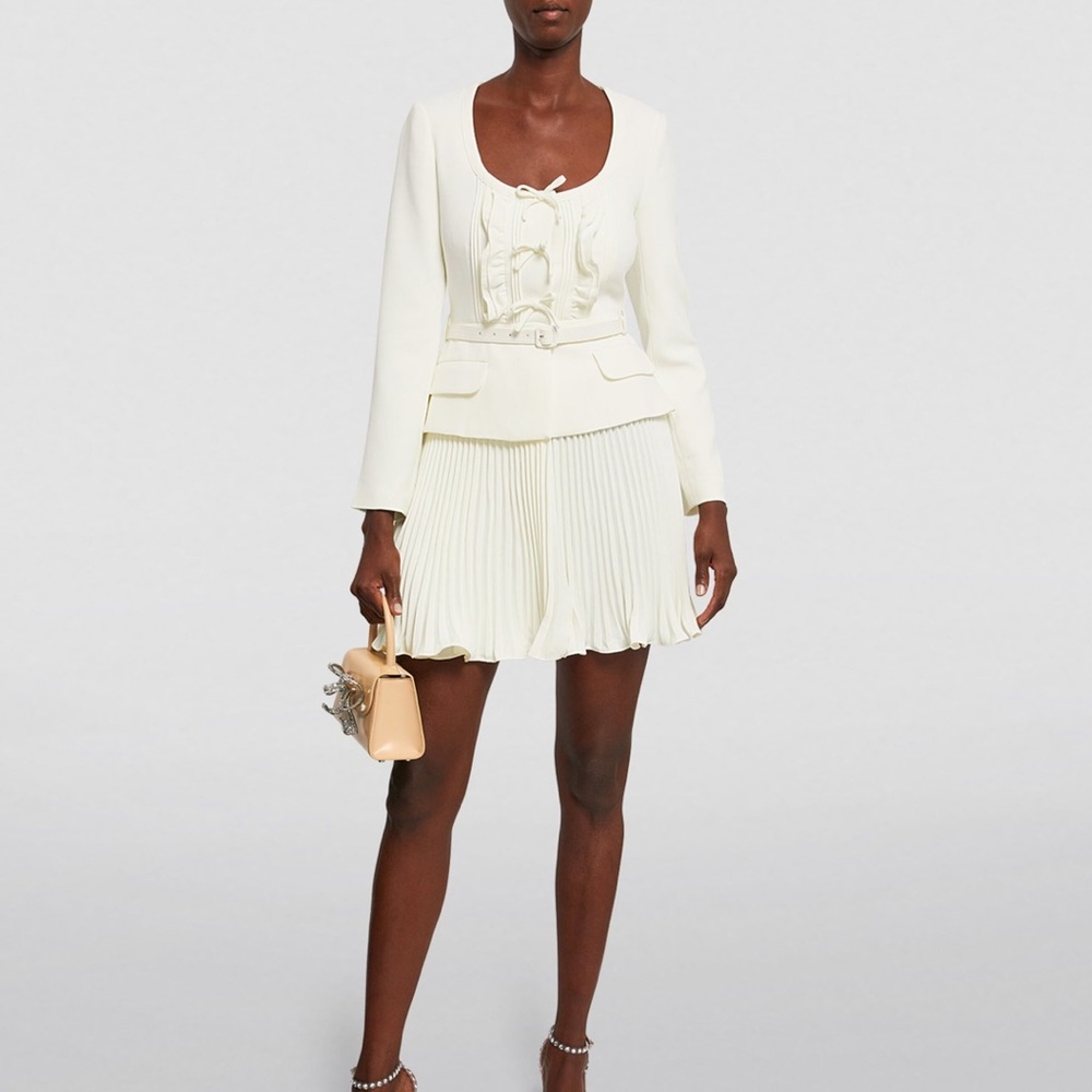 Self-Portrait Ivory Pintuck Bow Fit & Flare Mini Dress Crepe Belted UK 4 US 0